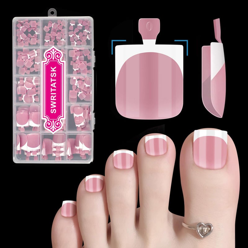 SWRITATSK 180 Pcs Toe Nail Press Ons Toenails French Tip Toe Press On NailsSquare Toe Nail TipsToe Nails Press On Toenails For Women Thick Fake ToenailsPreDesigned Acrylic for Home DIY 15 Sizes